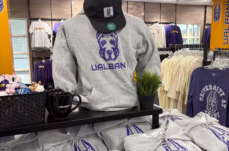 A mannequin wearing a gray UAlbany sweatshirt and a black UAlbany hat, sitting above stacks of gray UAlbany sweatshirts in Academien's Bookstore.
