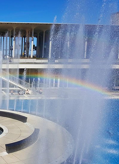 A rainbow over the main UAlbany fountain.