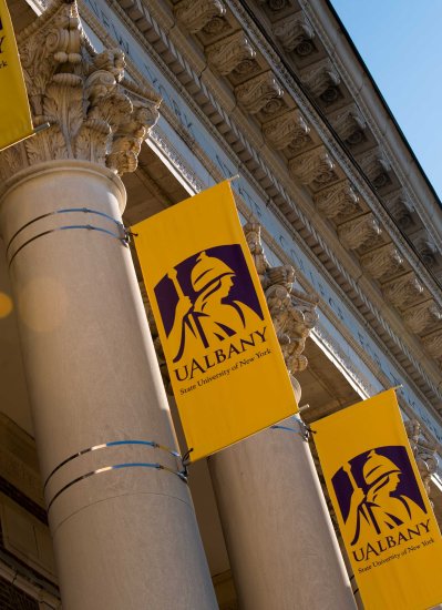 Image of UAlbany banners on the downtown campus.