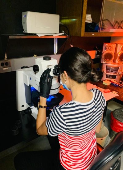 Maria Isabel looks into a microscope on a table.