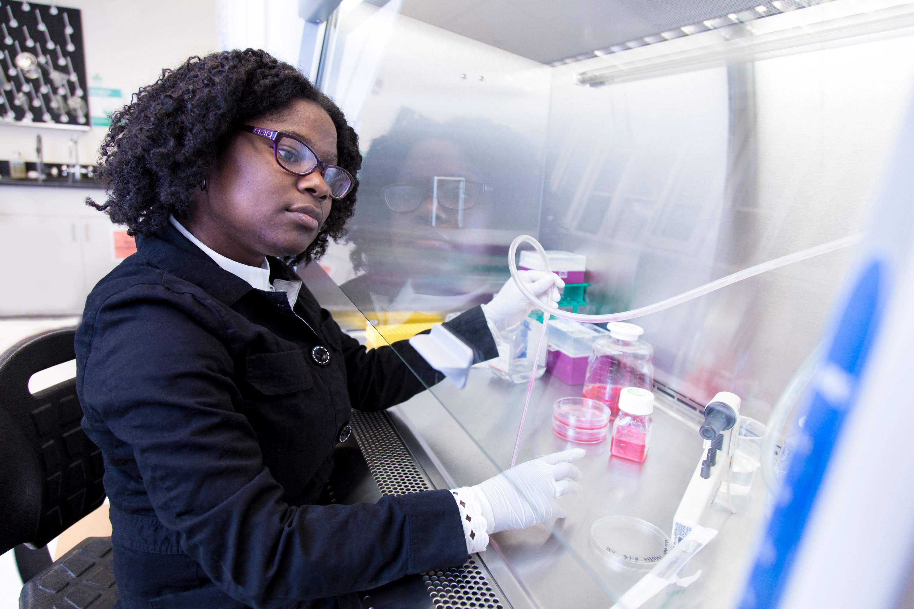 A graduate student works at the Pager Lab of the RNA Institute.