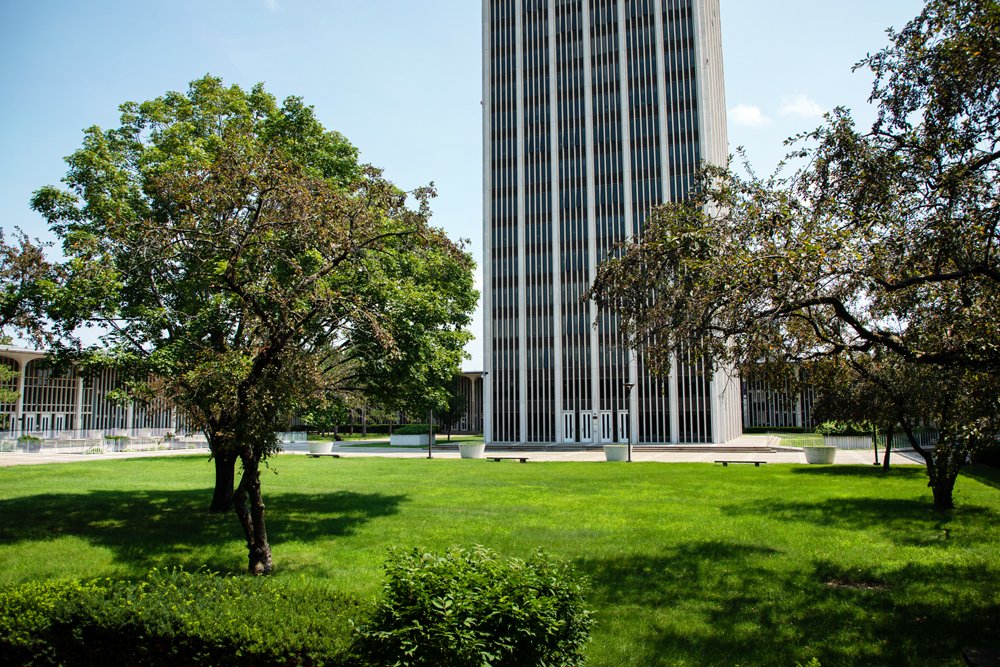 View of the Colonial Quad courtyard and Mohawk Tower