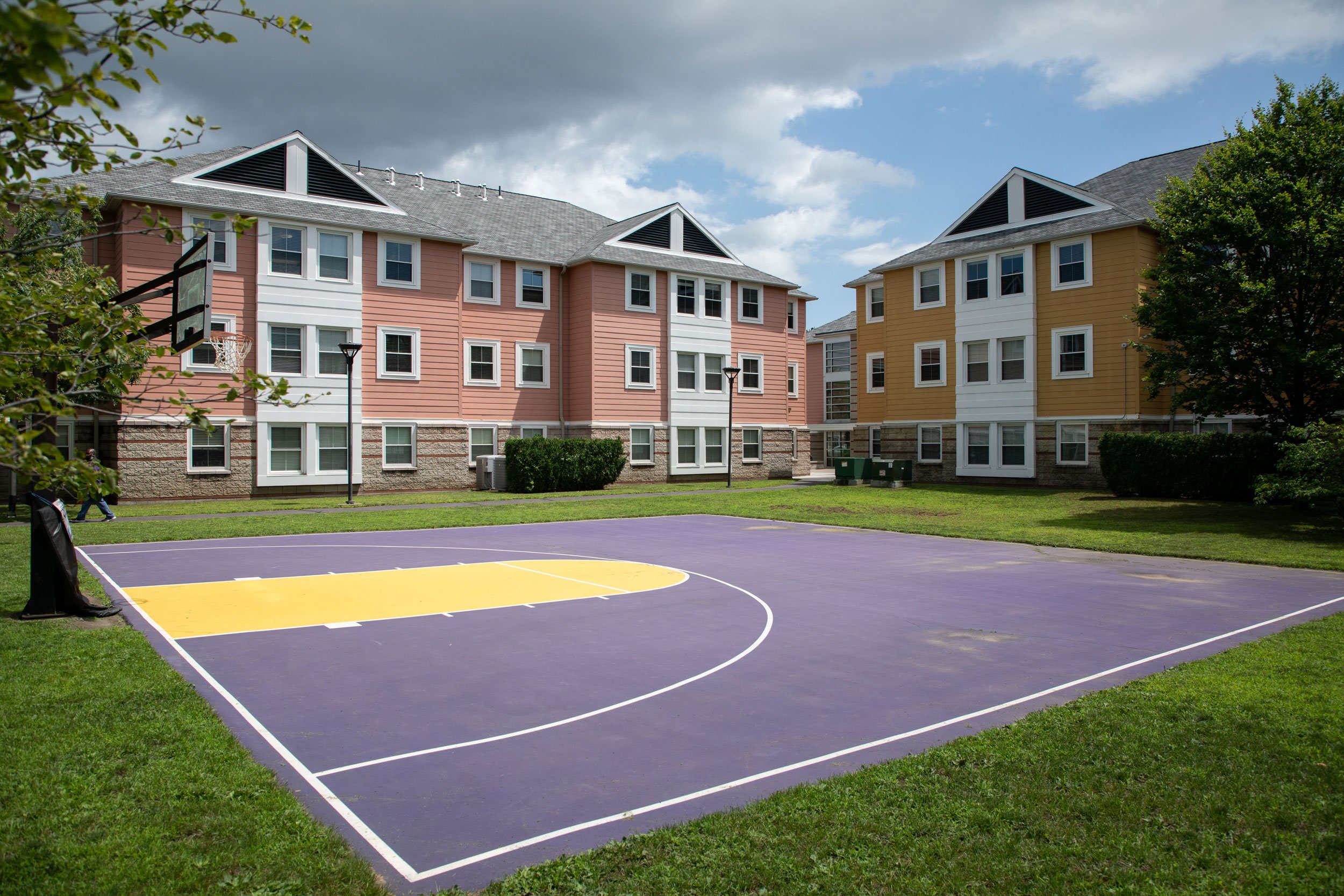 A purple and yellow half basketball court is visible in front of two Empire Commons buildings