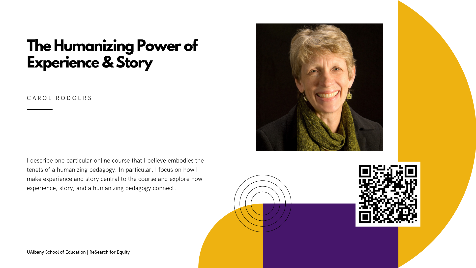 white slide with title and same text as caption, purple and yellow shapes to the right, photo of smiling Carol Rodgers with black top, olive green scarf and black background, QR code