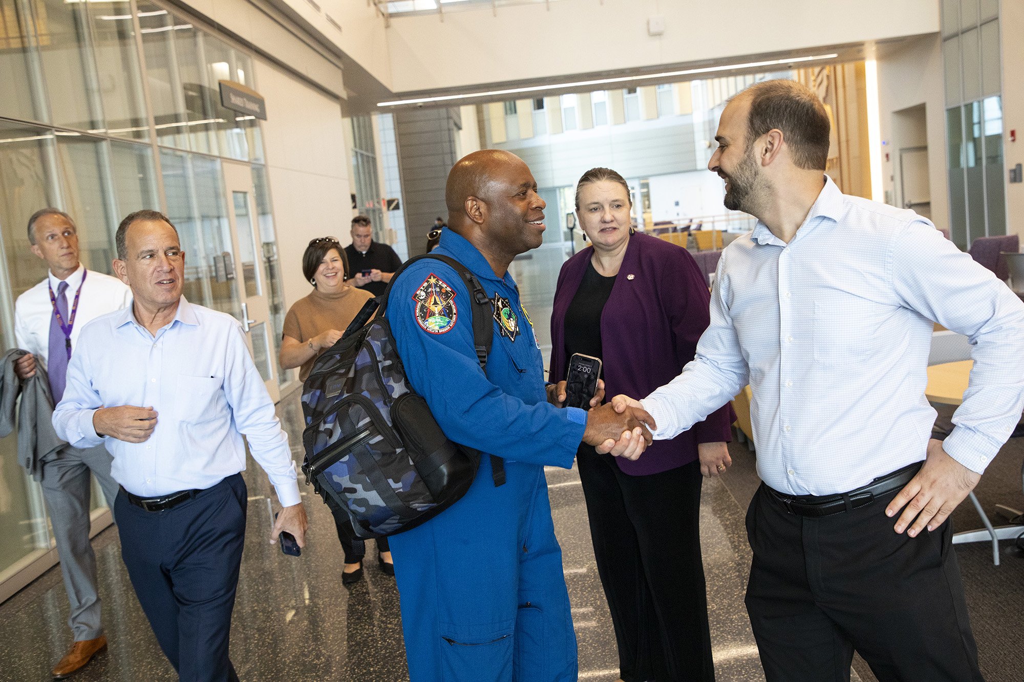 Astronaut Leland Melvin meets with UAlbany Professor of Practice Jonathan Muckell.
