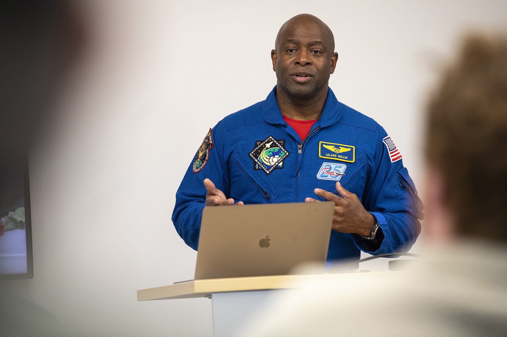Former NASA Astronaut Leland Melvin talks to students at the College of Nanotechnology, Science, and Engineering.