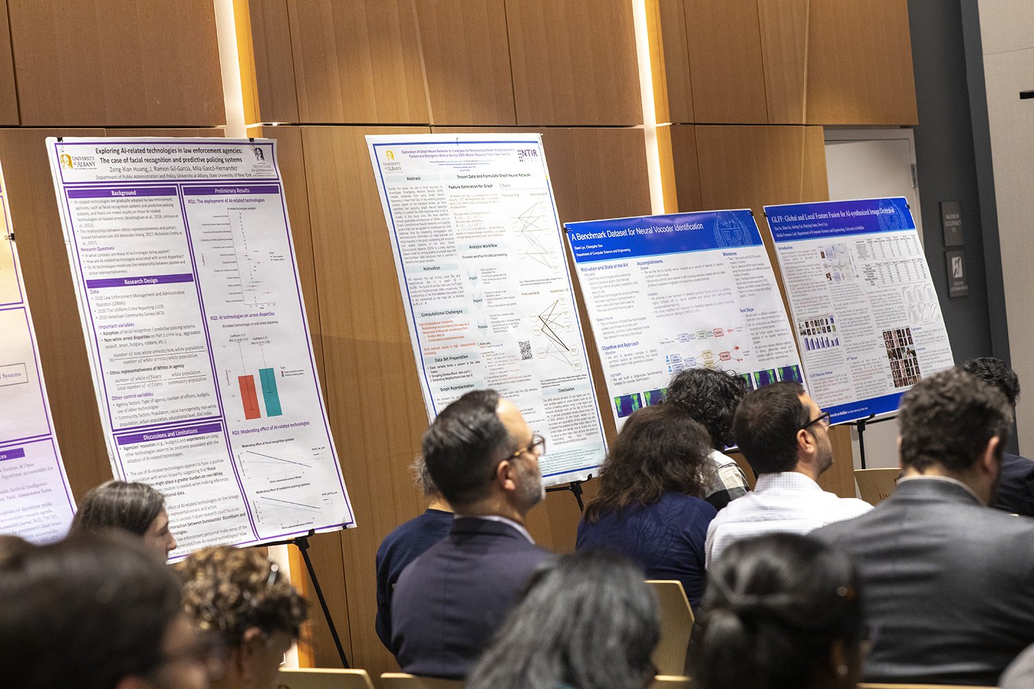 Posters from the SUNY AI Symposium on Oct. 16 at ETEC. (Photo by Patrick Dodson)