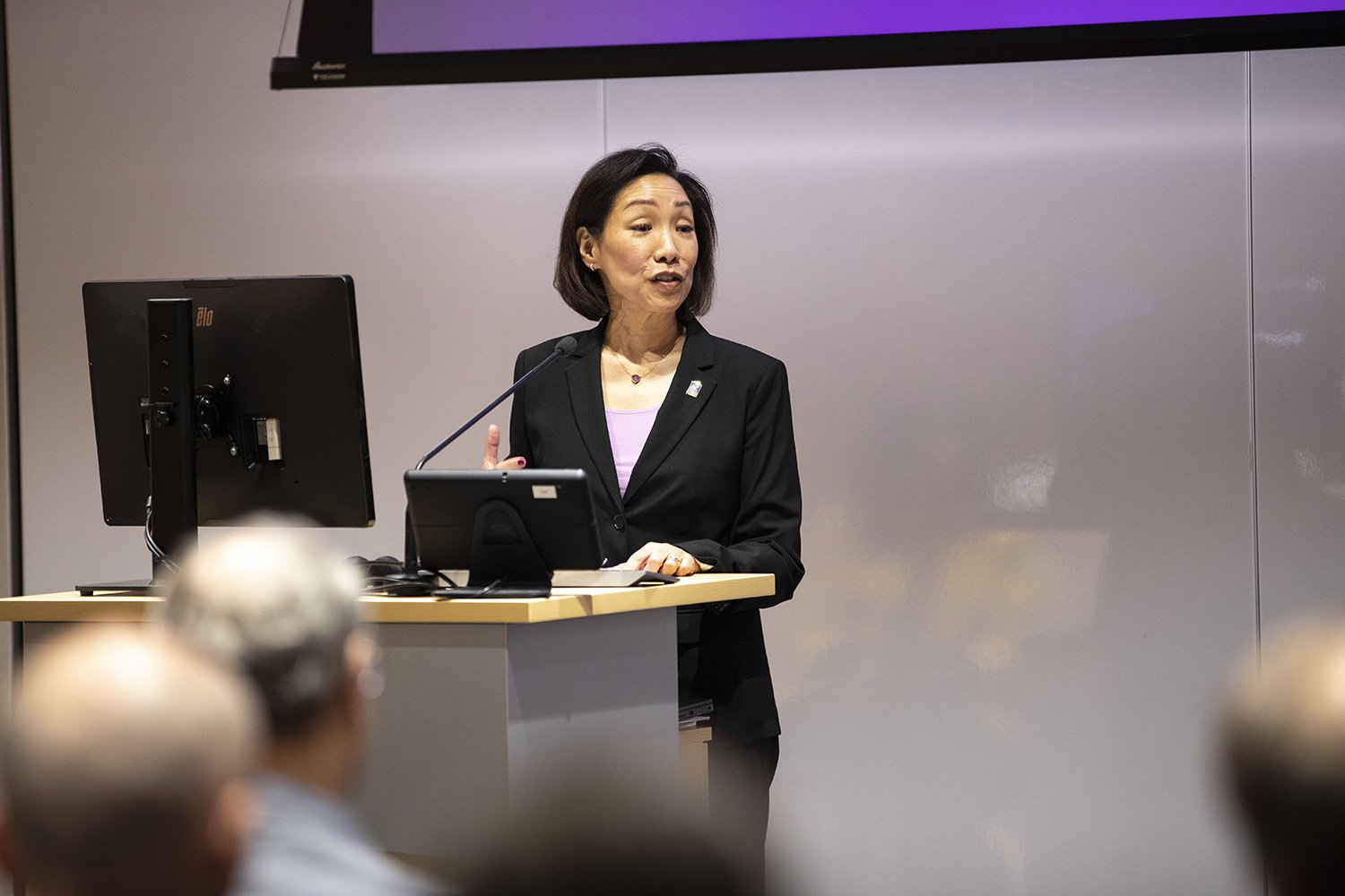 UAlbany Provost Carol Kim welcomes guests to the Inventor Recognition Ceremony, part of Research and Entrepreneurship Week at UAlbany (Photo by Patrick Dodson).