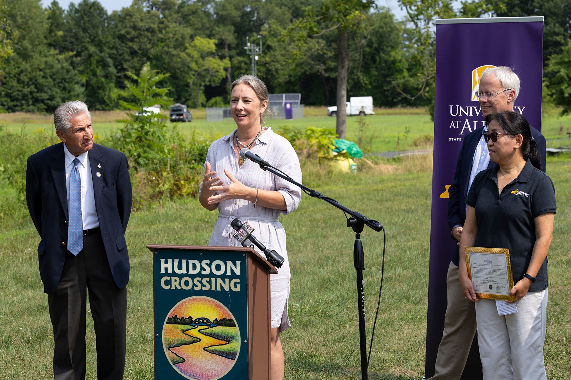 Kate Morse, executive director of Hudson Crossing Park, offers remarks during the Mesonet 10-year anniversary event.