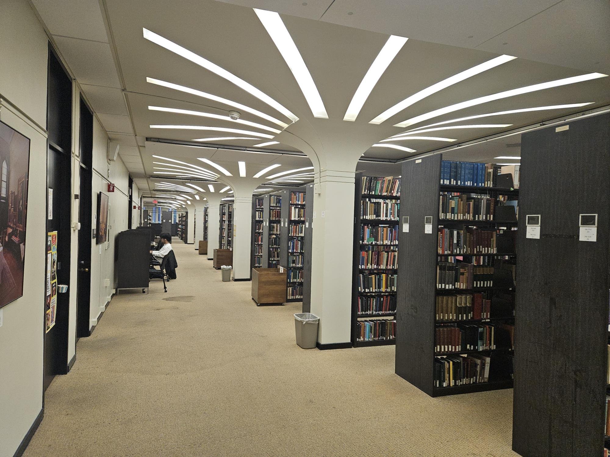Shelves of books inside the University Library.