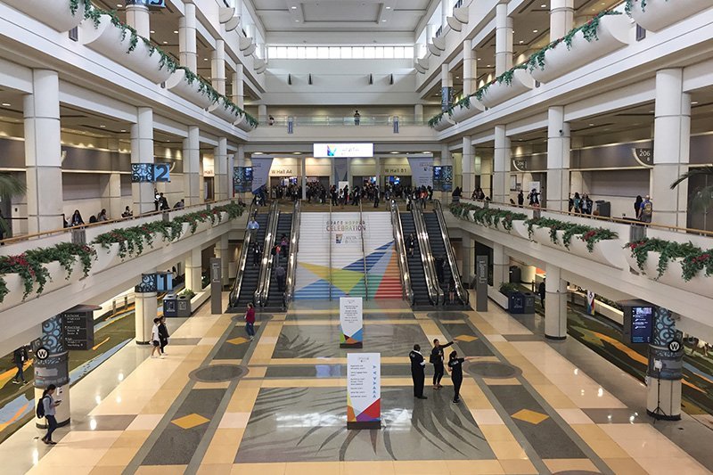 entry hall with stairs and 3 levels decorated for the grace hopper celebration