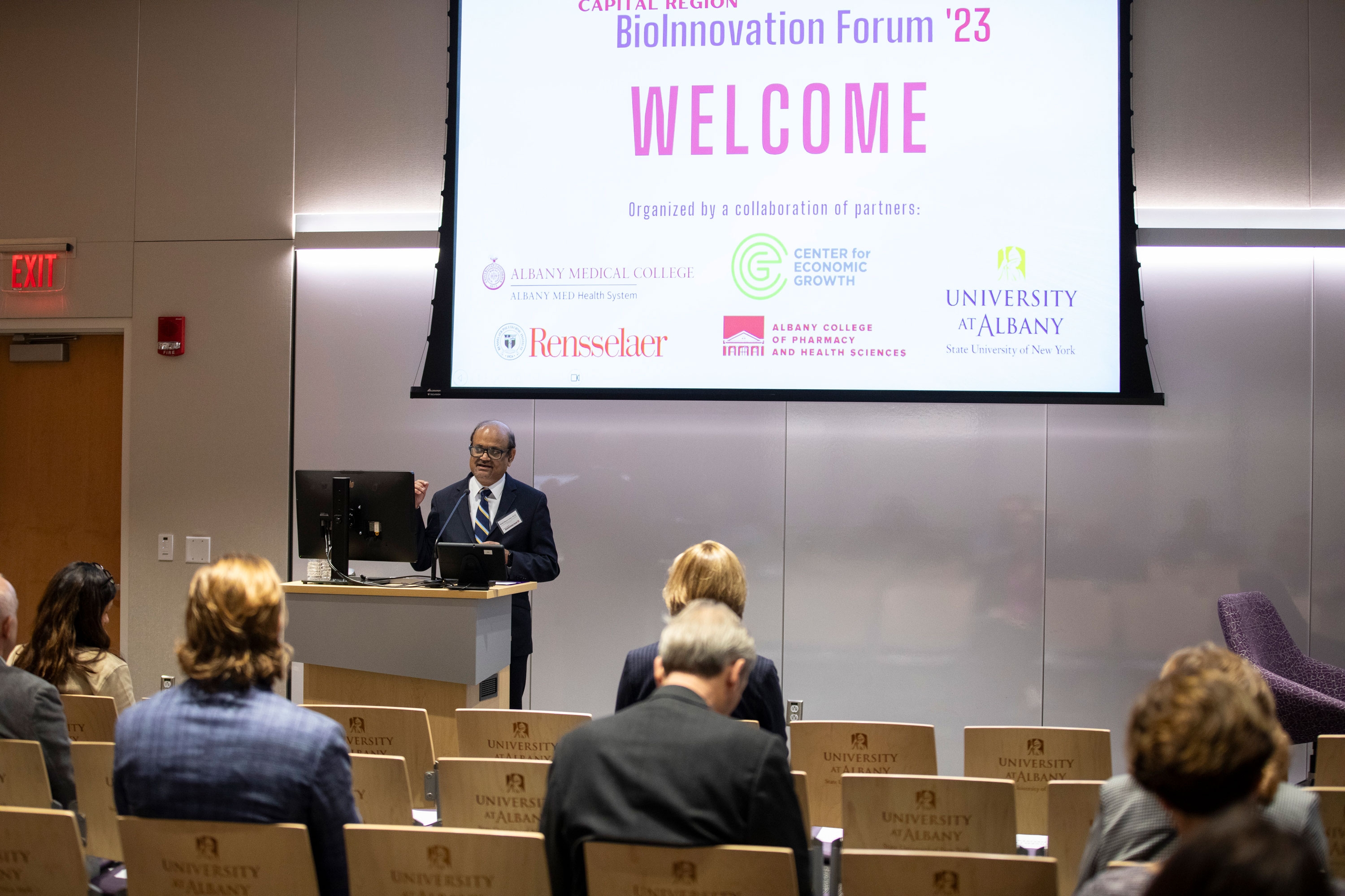 UAlbany Vice President for Research & Economic Development Thenkurussi (Kesh) Kesavadas welcomes attendees to the Capital Region BioInnovation Forum 2023.