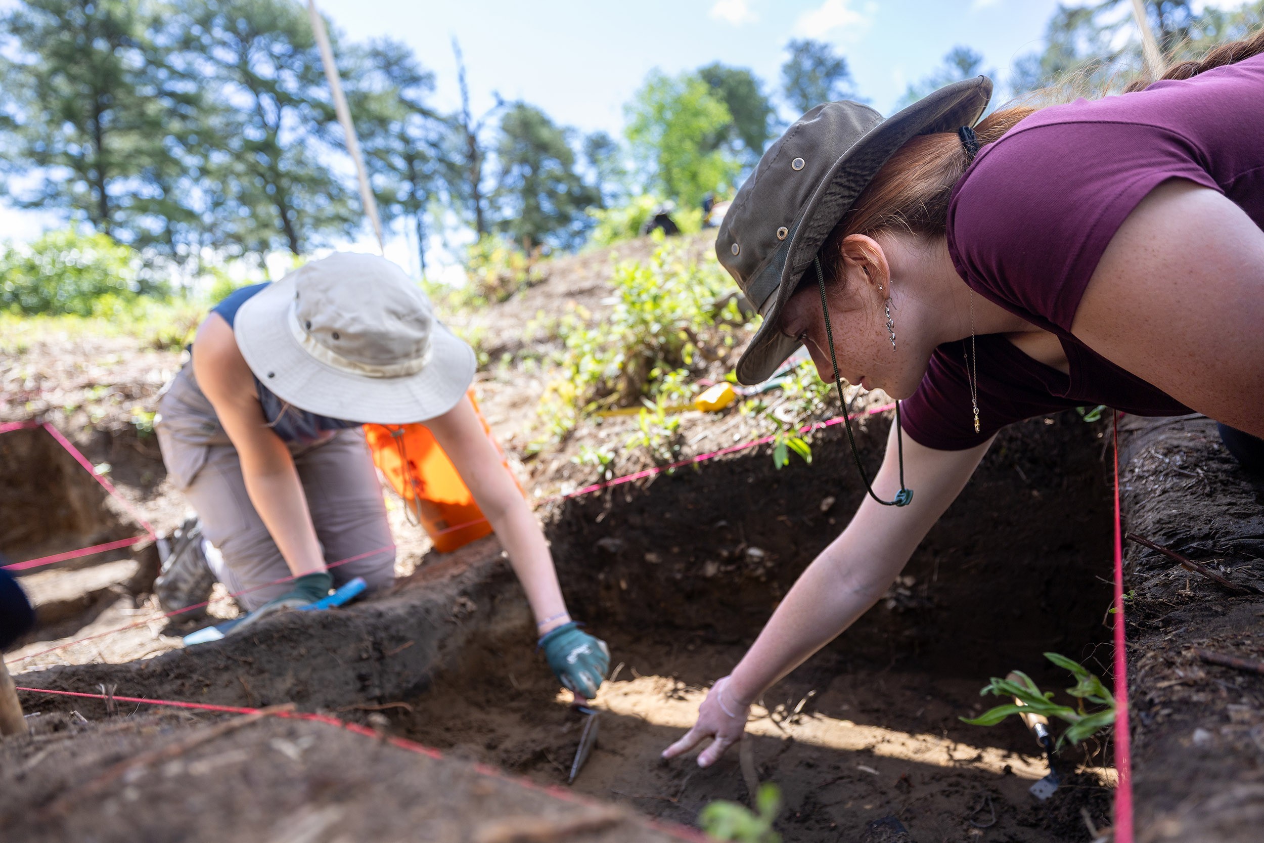 Two young women reach cross a dirt grid at an archeological field site in Albany's Pine Bush as pine trees loom in the background against a blue sky.