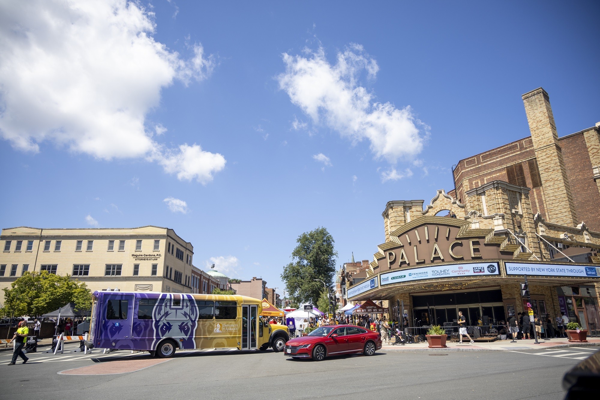UAlbany bus at the Palace Theater in downtown Albany.