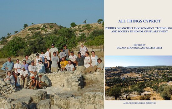 A archeological team in field, at left, a book cover of All Things Cypriot at right