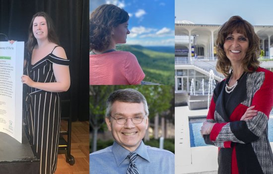 A composite of 4 photos shows a young woman standing by a research poster, another looking into distant scenery, a woman standing with arms crossed near a fountain, and a smiling headshot of a man in a blue shirt and tie