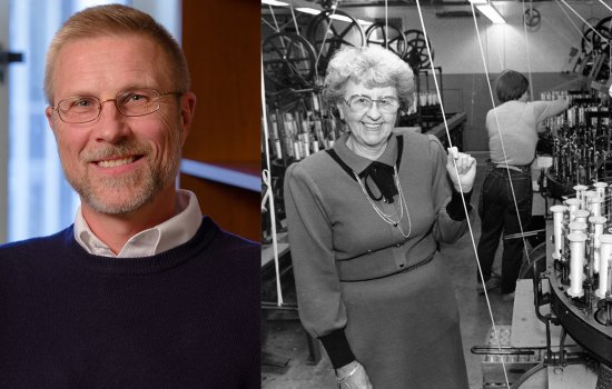 Robert Yagelsi in studio photo and Dorothy Griffin '34 on the shop floor of her longtime business.