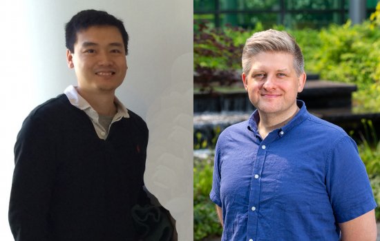 MIRA winners Qiang Zhang, left, and Morgan Sammons pose along a wall and in a garden