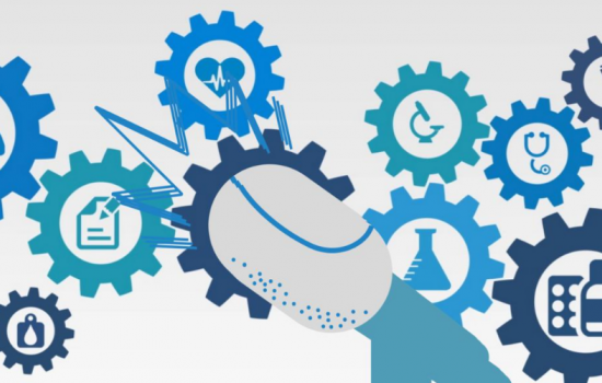 A graphic of a podcast microphone is surrounded by blue gears filled with  a stethascope, beaker, a sheet of paper, and other items related to public health and medicine. 