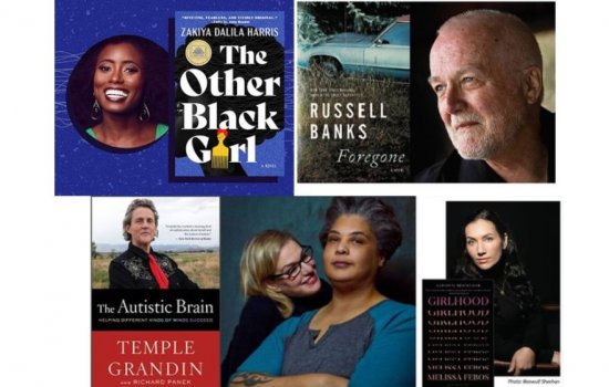 A composite image of books and author headshots