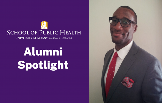 Lennon Turner smiles at the camera. Next to him is a purple box with the UAlbany logo in yellow and white, and white text that says "Alumni Spotlight". 