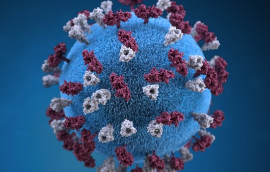 A digital rendering of a covid-19 virus - a blue sphere with red triangles on top of it.