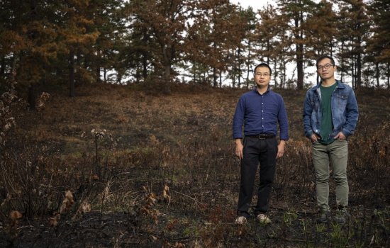 Assistant Professor Rixiang Huang and graduate assistant Lingqun Zeng stand in Albany's Pine Bush Preserve where a controlled burn was recently conducted