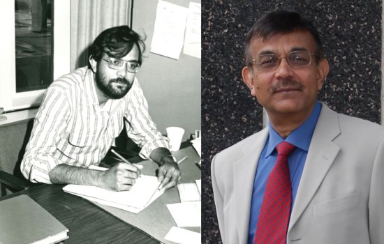 Economist Kajal Lahiri at his office desk in 1978, and today