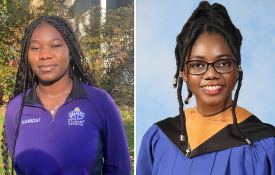 Two portraits positioned side-by-side. Hamidat Adeyi is on the left wearing a purple Student Affairs shirt while standing outside, and Irene Kyei is pictured on the right, wearing commencement regalia in a studio portrait.