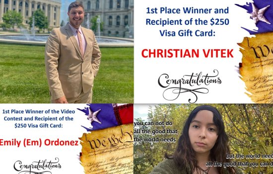 Composite image shows Constitution Day Winner posters, a smiling man in a tan suit standing in front of a fountain and a serious woman in the woods with the words: "you can not do all the good that the world needs but the world needs all the good that you can do" 