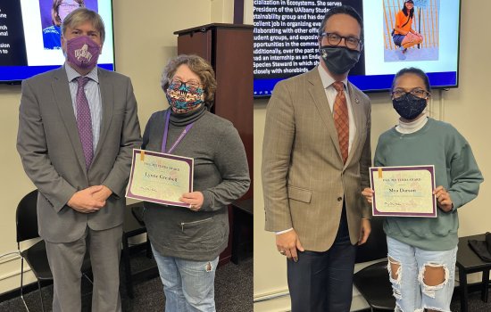 Side by side photos each show a man and a woman, all in facemasks. The men are in suits and the women are holding papers recognizing them as Terra Award winners