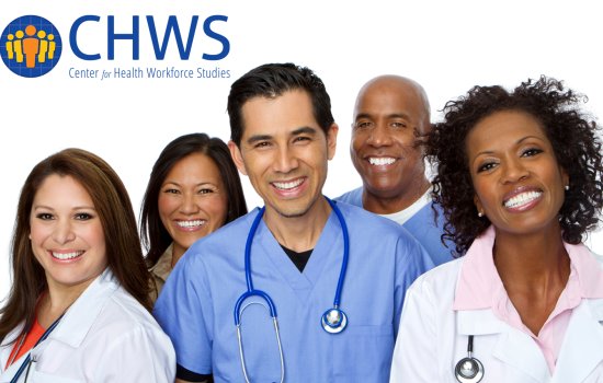 A group of doctors smile at the camera. Behind them is the Center for Health Workforce Studies logo in dark blue.