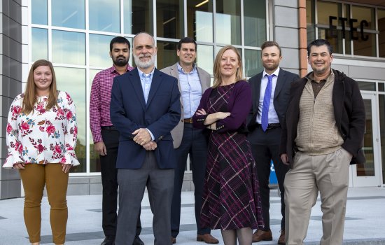 researchers from CEHC and CTG UAlbany stand outside the new ETEC building on the Harriman Campus in Albany NY