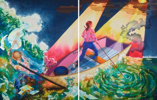 A painting of a young woman standing a rowing in a rowboat