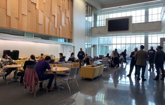 CEHC Dean Robert Griffin and students gather inside ETEC to celebrate Dean's List Honorees
