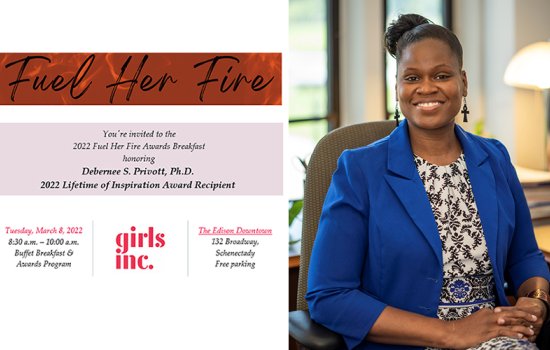 An invitation to a Girl Inc. event honoring Deb Privott, shown at right