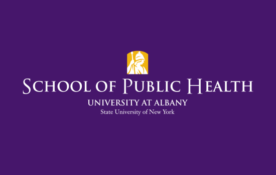 On a purple background, "School of Public Health, University at Albany, State University of New York" is written in white text.