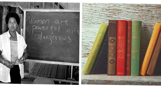 Spring 2022 English Dept Newsletter cover, including a woman standing in front of a board that says "Women are powerful and dangerous," and seven books standing up leaning on shelf.