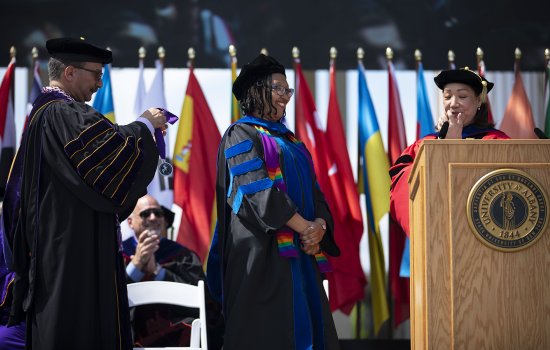 UAlbany President Havidán Rodríguez, Collins Fellow Janell Hobson, and Provost Carol Kim