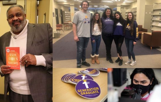 composite image shows author Anthony Ray Hinton holding a book, a group of students standing arm in arm with their professor, a woman in a face mask looking through a microscope, and a stack of stickers that say: 1st generation graduate.