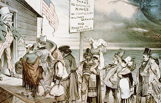 An illustration of colonial immigrants boarding a boat for United States.