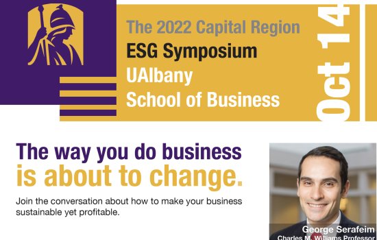 A poster announcing a symposium on ESG at the UAlbany School of Business on Oct. 14.