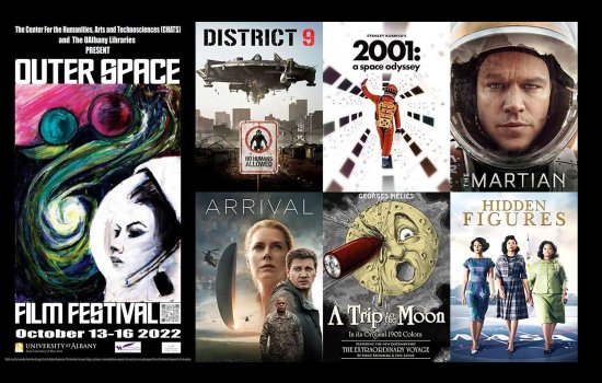 A collage features a poster for the Outer Space Film Festival and movie posters for a variety of space-themed films.