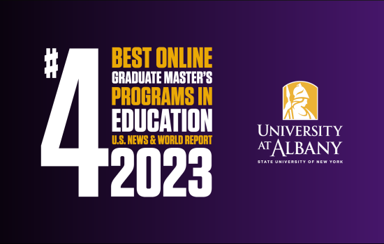White and gold text reading "#4 Best Online Graduate Master's Programs in Education U.S. News & World Report 2023" appears on a purple graphic next to the UAlbany logo.