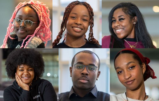 Six headshots of UAlbany student leaders. Clockwise from top left are August, Deborah Hoyte, Sariyah Lewis, Taylor Jordan, Andrew Thomas and Kynesha Milwood 