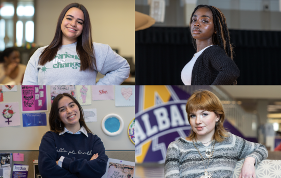 Composite image shows four student portraits of young women posing in the Campus Center.