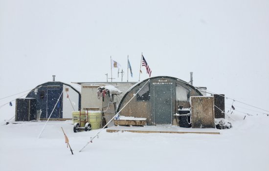 A living quarters for researchers in the Antarctic snow.