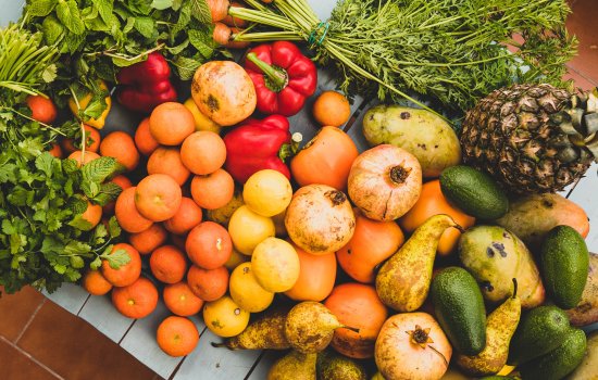 Fruits and vegetables on a table.
