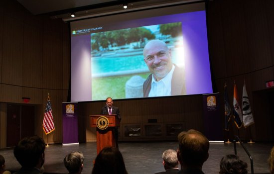 President Rodríguez announces the launch of the Institute for Social and Health Equity at the Spring Address in the Campus Center auditorium.