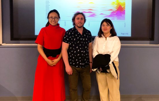 Yiwei Li (left) and Hyoshin Ki (right) stand with Professor Trenton D. Mize (center) in front of a screen displaying a data chart of various colors.